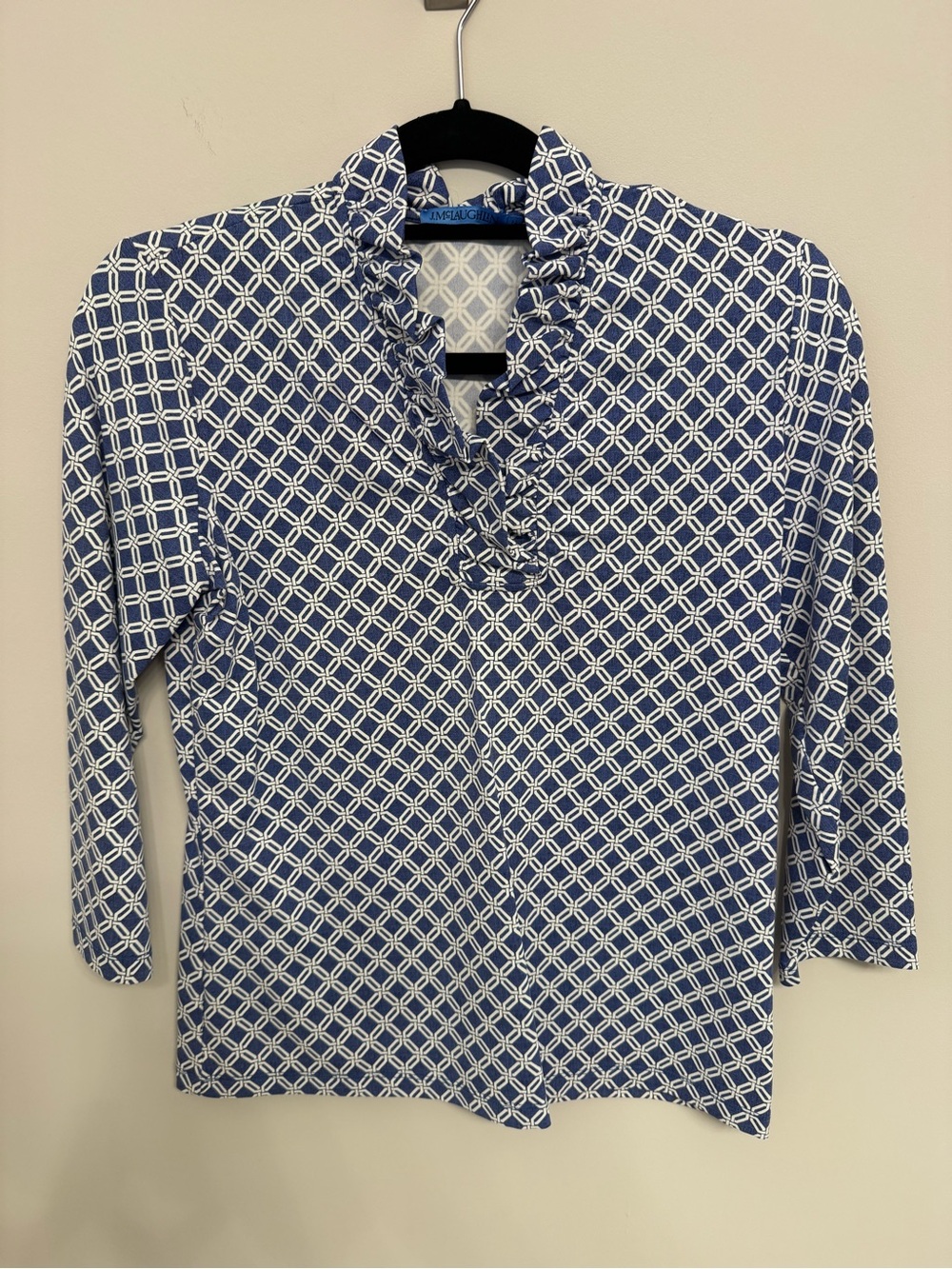 NWOT J. McLaughlin Blue Geometric 3/4 Sleeve Ruffle Neck Blouse